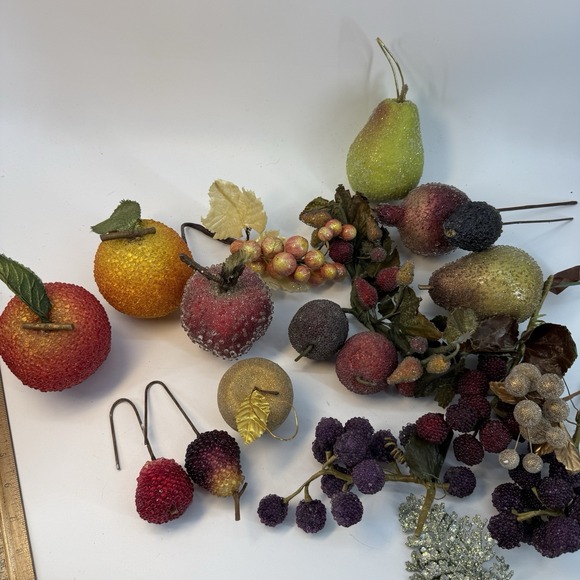 Vintage 16 Pc Faux Fruit Lot Beaded Sugared Centerpiece Decorative Glitter Retro - Picture 4 of 11